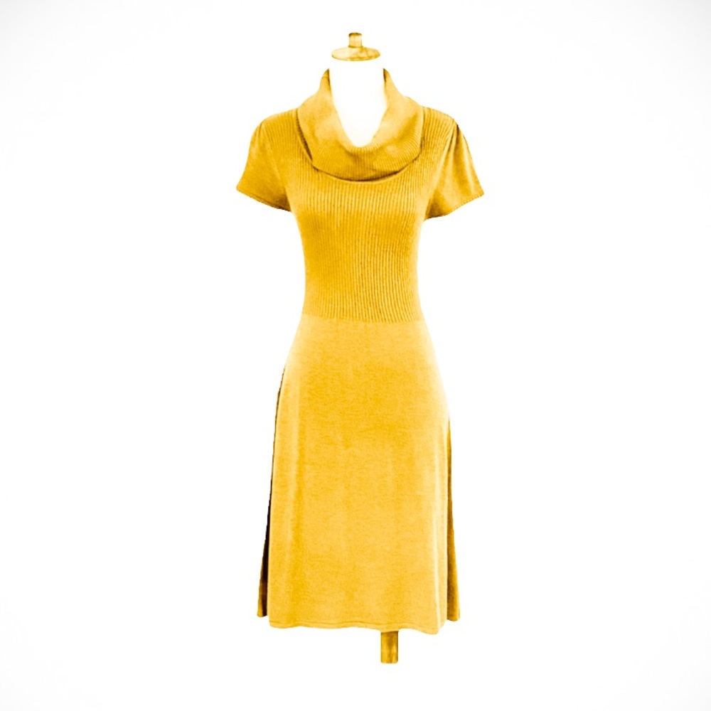 Calvin Klein Mustard Yellow Knit Cowl Neck Short Sleeve Sweater Dress Medium - Picture 2 of 10